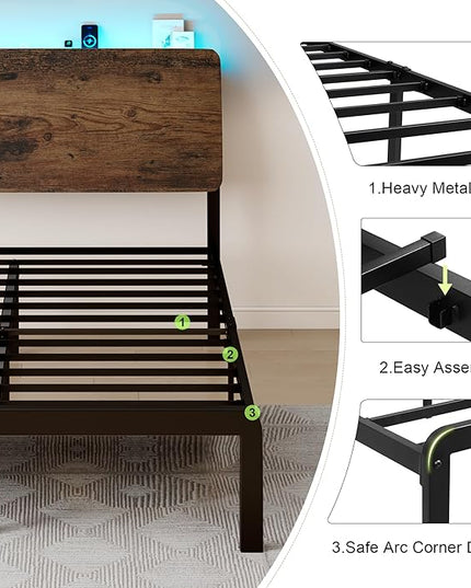 Feonase Queen Size Bed Frame with Ergonomic Storage Headboard & Charging Station, LED Platform Bed Frame, Heavy Duty Metal Slats, No Box Spring Needed, Easy Assembly, Rustic - LeafyLoom