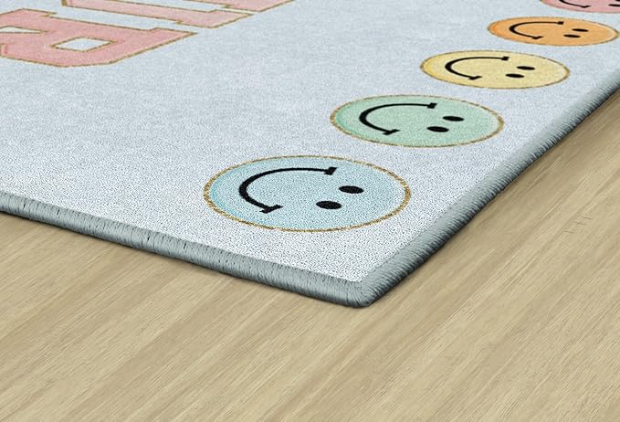 Flagship Carpets Schoolgirl Style This is Our Happy Place on Blue Educational Area Rug for Kids Room Seating Décor, Children's Classroom, Play Carpet for Teaching and Playroom, 7'6" x 12' - LeafyLoom