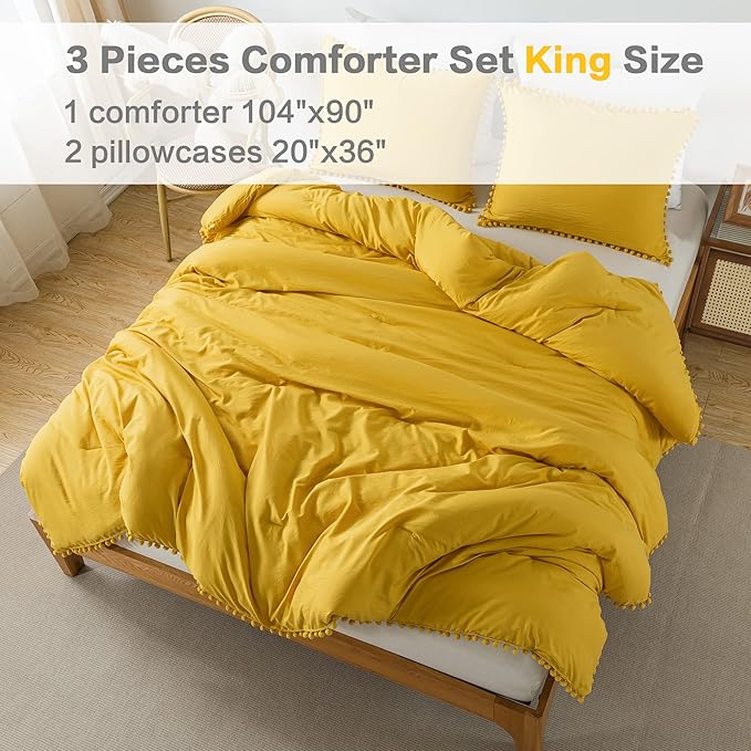 Litanika King Size Comforter Set Mustard Yellow,3 Pieces Mustard Yellow Boho Pom Pom Lightweight Bed Comforter, All Season Soft Bedding Comforter Sets (1 Comforter 104x90 Inch, 2 Pillowcases) - LeafyLoom