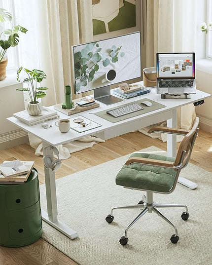 Adjustable Height Electric Standing Desk with Storage Wooden Drawer, 63 x 24 Inches Stand Up Home Office Computer Gaming Table with Splice Board for Work Office Home, White - LeafyLoom