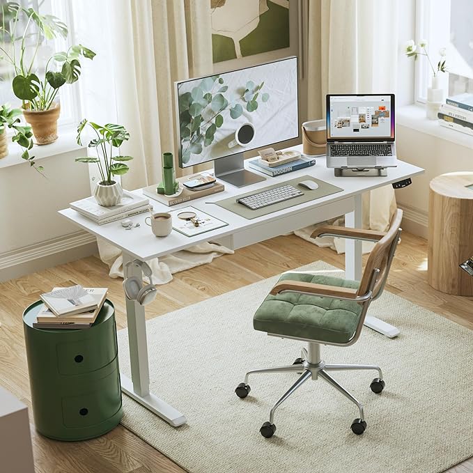 Adjustable Height Electric Standing Desk with Storage Wooden Drawer, 63 x 24 Inches Stand Up Home Office Computer Gaming Table with Splice Board for Work Office Home, White - LeafyLoom