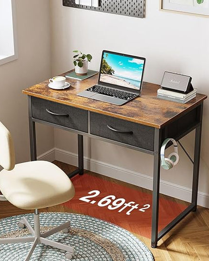 ODK Small Desk with Fabric Drawers- for Bedroom, Vanity Desk with Storage, Home Office Computer Desk for Small Spaces, 32 Inch Modern Work Writing Study Table, Vintage - LeafyLoom