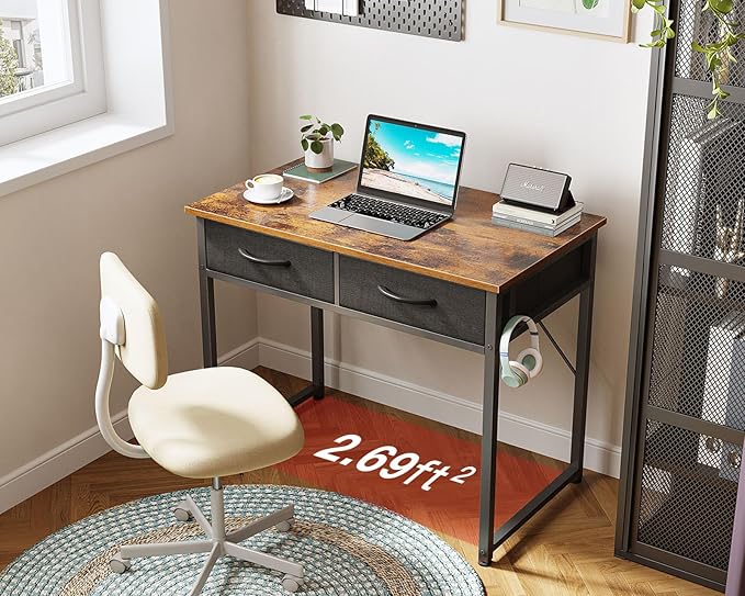 ODK Small Desk with Fabric Drawers- for Bedroom, Vanity Desk with Storage, Home Office Computer Desk for Small Spaces, 32 Inch Modern Work Writing Study Table, Vintage - LeafyLoom