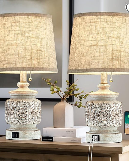 19.5" Farmhouse Vintage Table Lamps for Living Room Set of 2 Traditional Rustic Bedside Lamps for Bedrooms Nightstand with USB Ports Carved Floral Night Light Lamp for Office Decor,Pull Chain - LeafyLoom