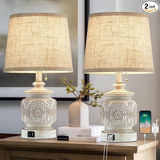 19.5" Farmhouse Vintage Table Lamps for Living Room Set of 2 Traditional Rustic Bedside Lamps for Bedrooms Nightstand with USB Ports Carved Floral Night Light Lamp for Office Decor,Pull Chain - LeafyLoom