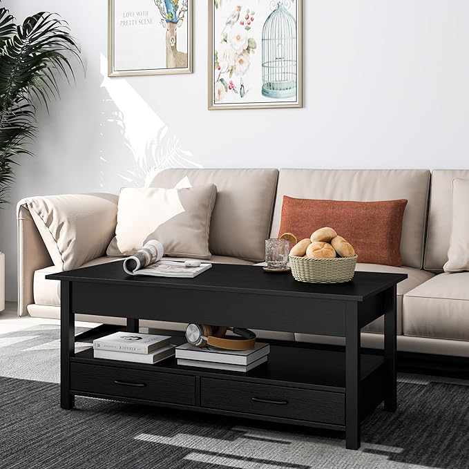 Panana Coffee Table, Lift Top Coffee Table with Hidden Compartment, 2 Drawers and 1 Open Shelf, Retro Central Wooden Table Lift Tabletop for Living Room (Black) - LeafyLoom