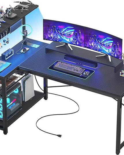 Homieasy Small Gaming Desk with Power Outlets Pegboard LED Light, 51 Inch L Shaped Computer Desk with Monitor Stand Storage Shelves, Reversible Corner Desk with Headset Hooks, Carbon Fiber Black - LeafyLoom
