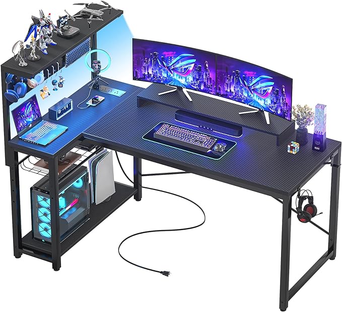 Homieasy Small Gaming Desk with Power Outlets Pegboard LED Light, 51 Inch L Shaped Computer Desk with Monitor Stand Storage Shelves, Reversible Corner Desk with Headset Hooks, Carbon Fiber Black - LeafyLoom
