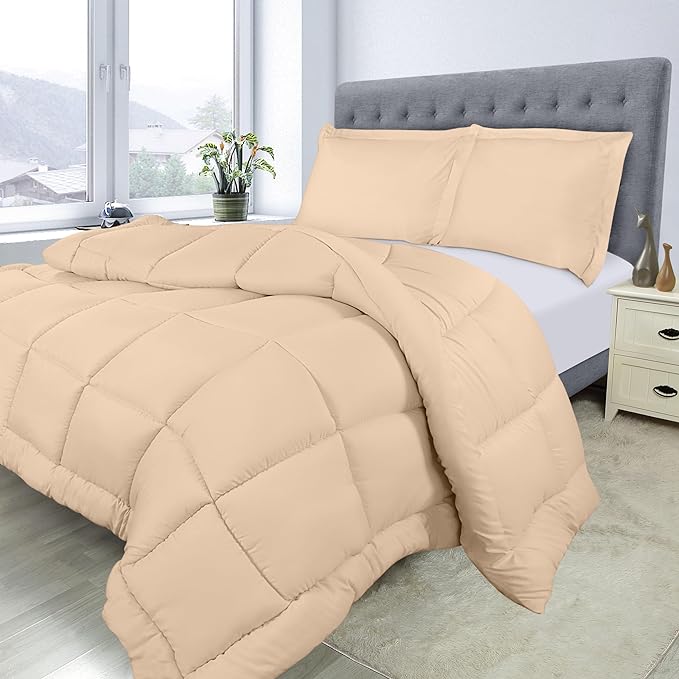 Utopia Bedding Queen Size Comforter Set with 2 Pillow Shams, Bedding Comforter Sets, Down Alternative Beige Comforter, Soft and Comfortable, Machine Washable - LeafyLoom