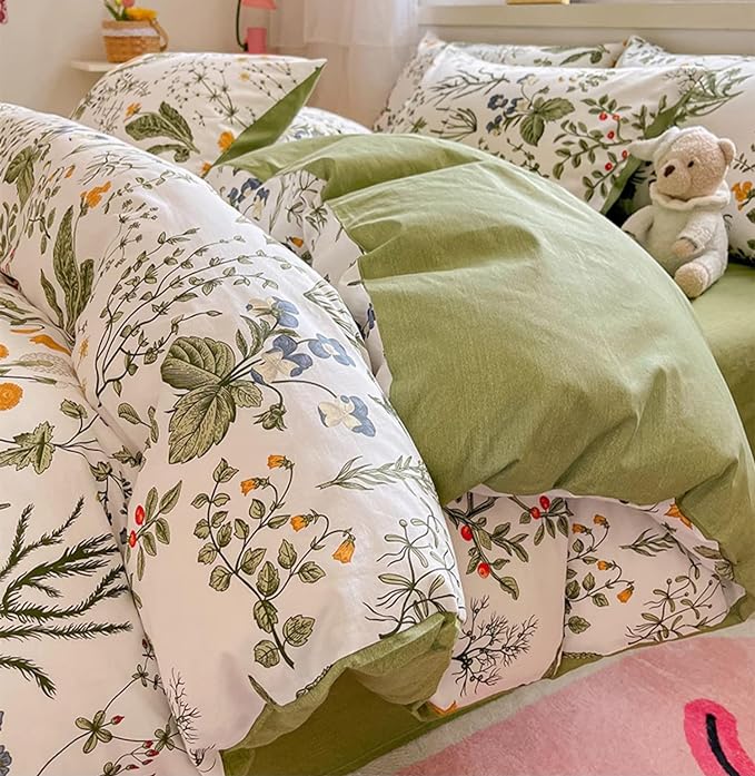 Botanical Comforter Set Twin Cotton White and Green Floral Plant Bedding Set Garden Pattern Printed on White Reversible Blanket 3 PCs 1 White Comforter 2 Pillowcases - LeafyLoom