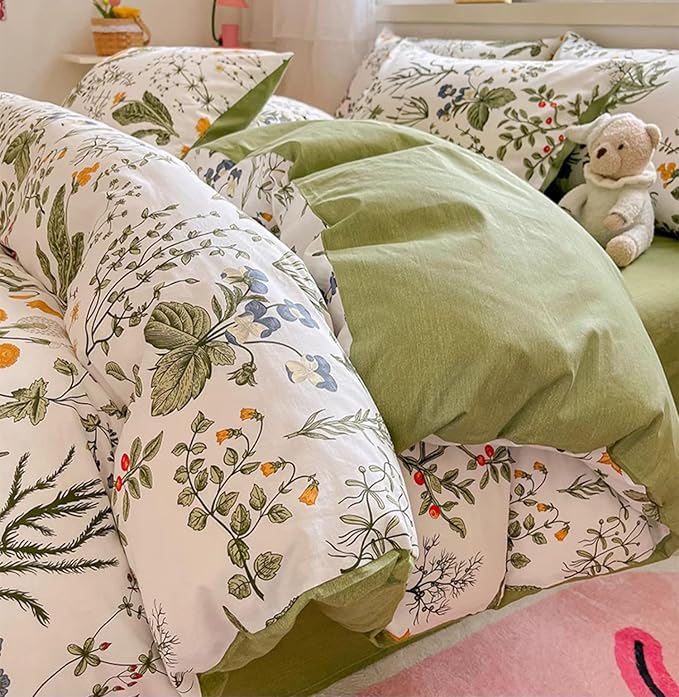 Botanical Comforter Set Cal King White and Sage Green Floral Plant Bedding Set Garden Pattern Printed on White Women Reversible Blanket 3 PCs Girls Breathable White Floral Bed Comforter Set - LeafyLoom