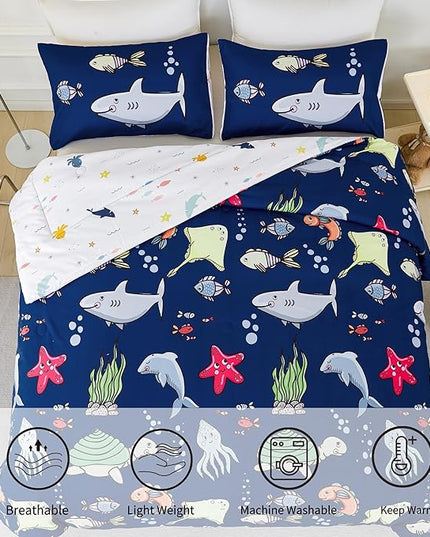 RYNGHIPY Kids Bedding Set for Twin Bed Reversible Ocean Animals Print Comforter Set for Boys Girls Easy-Wash Super Soft Microfiber Bed Set (Navy Ocean,Twin) - LeafyLoom