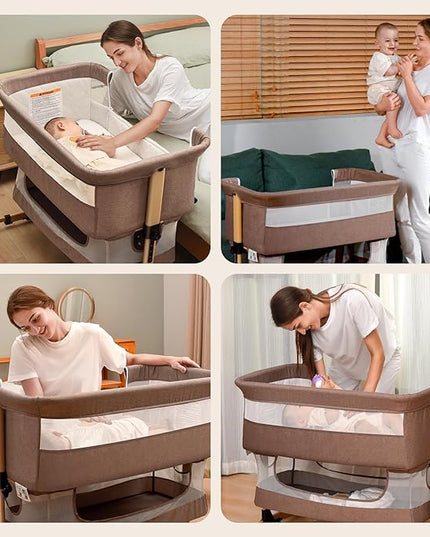 Baby Crib,3 in 1 Baby Bassinet Bedside Crib Adjustable Portable Bed for Infant,Baby Newborn Must Have Bed,Khaki - LeafyLoom