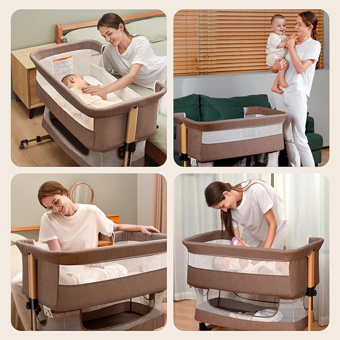 Baby Crib,3 in 1 Baby Bassinet Bedside Crib Adjustable Portable Bed for Infant,Baby Newborn Must Have Bed,Khaki - LeafyLoom