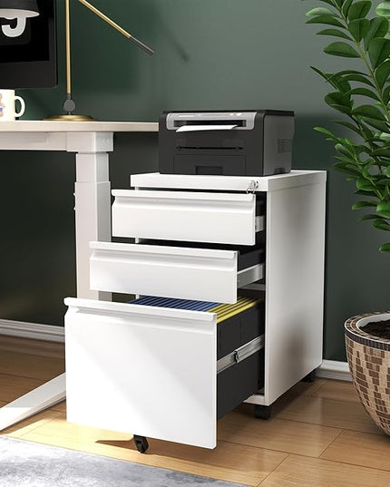 3 Drawers Mobile File Cabinet, Rolling File Cabinet Fully Assembled Under Desk, Metal Filing Cabinet with Lock for Home Office Organizer Letters/Legal/A4 (White) - LeafyLoom