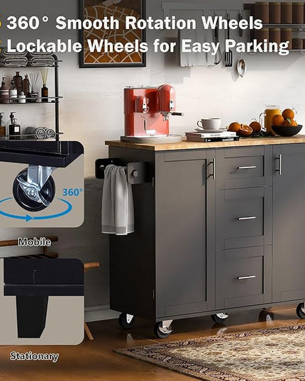 Kitchen Island with Storage, Spice Rack & Tower Rack, Mobile Rolling Kitchen-Cart on Wheels w/Rubber Wood Top, 3 Drawer, 2 Slide-Out Shelf and Internal Storage Rack - LeafyLoom