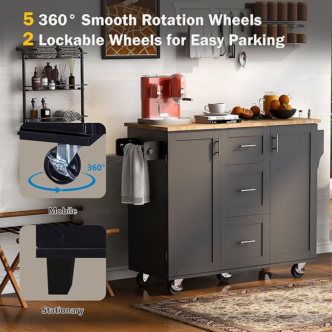 Kitchen Island with Storage, Spice Rack & Tower Rack, Mobile Rolling Kitchen-Cart on Wheels w/Rubber Wood Top, 3 Drawer, 2 Slide-Out Shelf and Internal Storage Rack - LeafyLoom