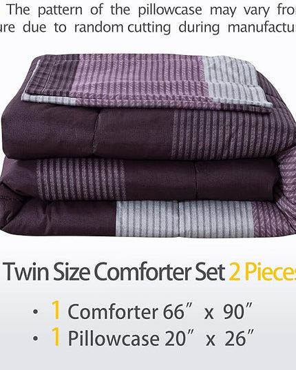 Andency Stripe Comforter Set Twin Size (66x90 Inch), 2 Pieces Purple and Gray Patchwork Striped Comforter, Soft Microfiber Down Alternative Comforter Bedding Set with Corner Loops - LeafyLoom