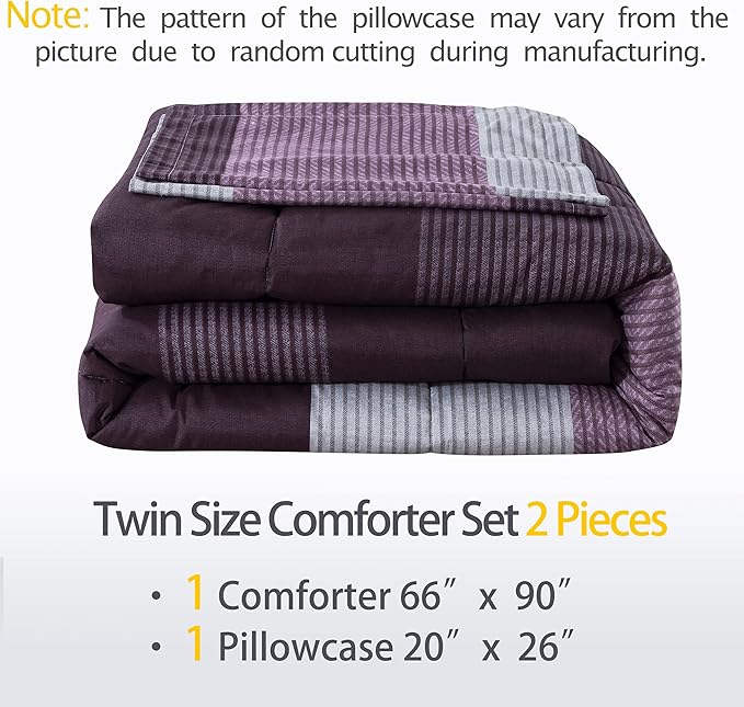 Andency Stripe Comforter Set Twin Size (66x90 Inch), 2 Pieces Purple and Gray Patchwork Striped Comforter, Soft Microfiber Down Alternative Comforter Bedding Set with Corner Loops - LeafyLoom