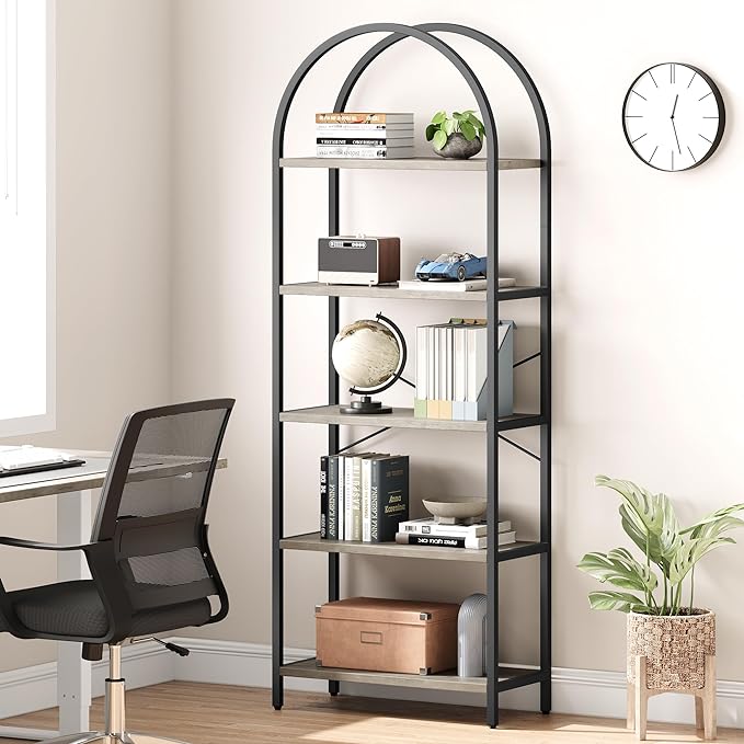 GAOMON 5 Tier Bookshelf Arched Bookcase Modern Standing Bookshelves Tall Display Racks Metal Book Shelf for Bedroom, Living Room, Home Office - LeafyLoom