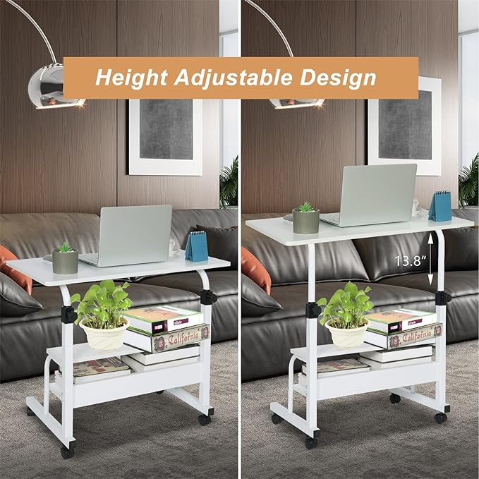Small Desks Portable Laptop Computer Desk for Small Spaces Adjustable Desk Standing Desk for Bedrooms Couch Desk for Home Office Table Mobile Rolling Desk on Wheels White Desk with Storage - LeafyLoom