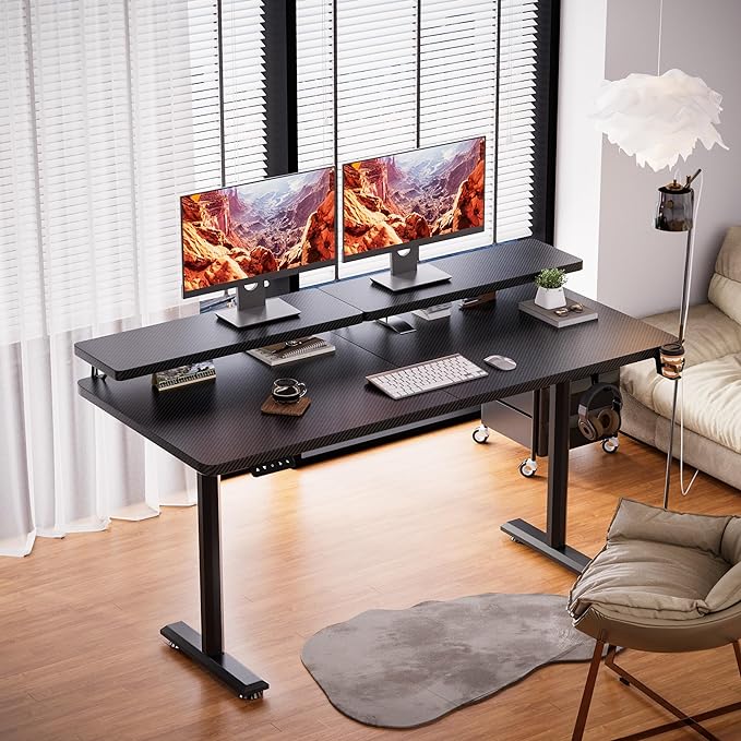 Electric Standing Desk with Monitor Shelf, 55 x 24 Inches Height Adjustable Corner Table, Computer Workstation with Cup Holder and Hook for Home Office, 55 x 24 Inch, Dark Black - LeafyLoom