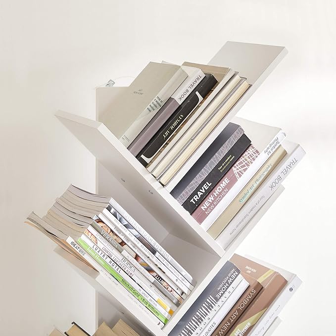 VASAGLE Tree Bookshelf, 9-Tier Bookcase, Large Bookshelf, Space-Saving Corner Shelf, Book Tree, Holds Books, CDs, Games, for Bedroom, Living Room, Home Office, Cloud White ULBC11WTV1 - LeafyLoom