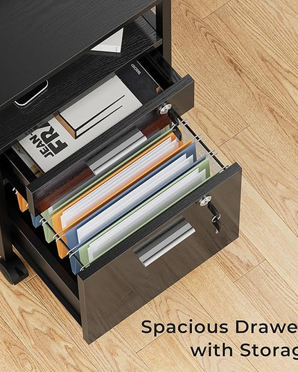 SUPERJARE File Cabinet with Lock & Charging Station, 2 Drawers Rolling Filing Cabinet, Office File Cabinet with Wheels & Open Shelf, for Home Office, A4/Letter Size Files Under Desk - Black - LeafyLoom