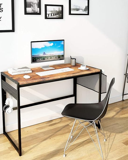 DKLGG Computer Desk 39" Home Office Desk Laptop Study Table Workstation with A Storage Bag and Headphone Hook Retro Industrial Design Small Computer Desk for Teens, Brown - LeafyLoom