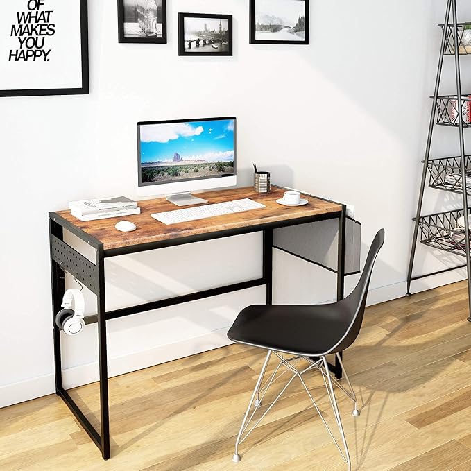 DKLGG Computer Desk 39" Home Office Desk Laptop Study Table Workstation with A Storage Bag and Headphone Hook Retro Industrial Design Small Computer Desk for Teens, Brown - LeafyLoom