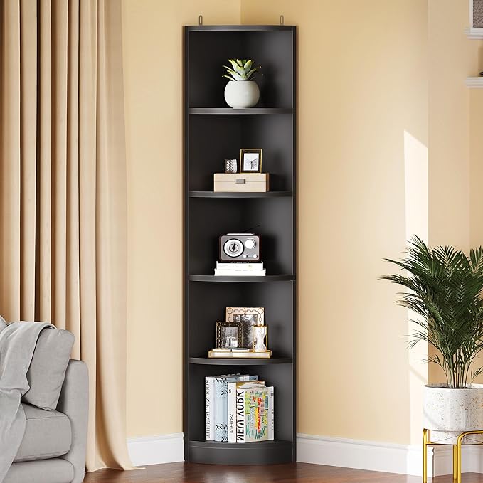 YITAHOME 5-Tier Corner Shelf, 70.8" Tall Modern Free Standing Corner Bookshelf, 5 Shelf Display Corner Bookcase and Bookshelves,Wooden Open Storage Book Shelves for Living Room, Home Office, Black - LeafyLoom