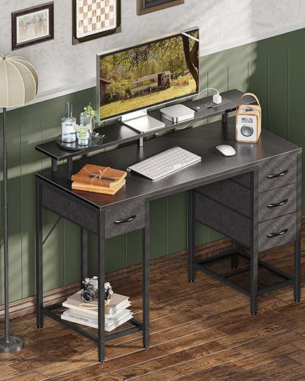 47 inch Computer Desk with 4 Drawers, Gaming Desk with LED Lights & Power Outlets, Home Office Desk with Large Storage Space for Bedroom, Work from Home, Black - LeafyLoom