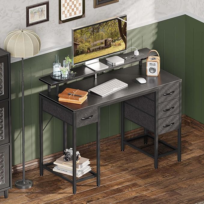 47 inch Computer Desk with 4 Drawers, Gaming Desk with LED Lights & Power Outlets, Home Office Desk with Large Storage Space for Bedroom, Work from Home, Black - LeafyLoom