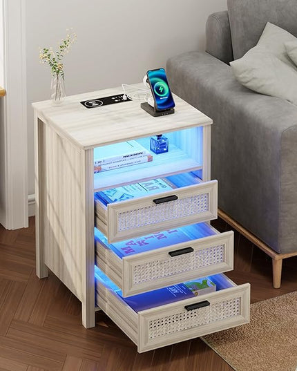 Rattan Nightstand with Charging Station, Night Stand with 3 Drawers and Open Shelf, Bed Side Table with LED Lights for Bedroom, Living Room, Grey - LeafyLoom