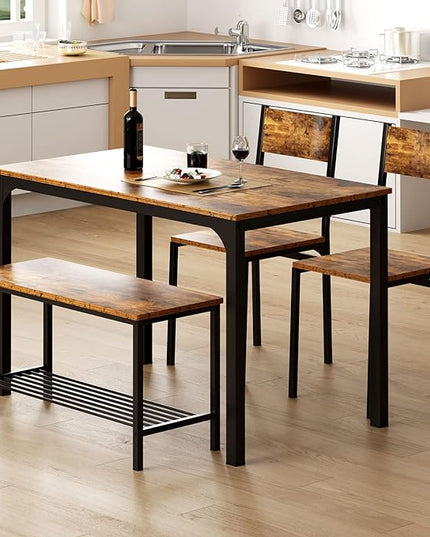 DlandHome Dining Table with 2 Chairs and 1 Bench Dining Room Sets for 4 Soho Dining Table and Chairs Set,Rectangular Space-Saving Dinner Table with Two Benches for Kitchen, Retro - LeafyLoom