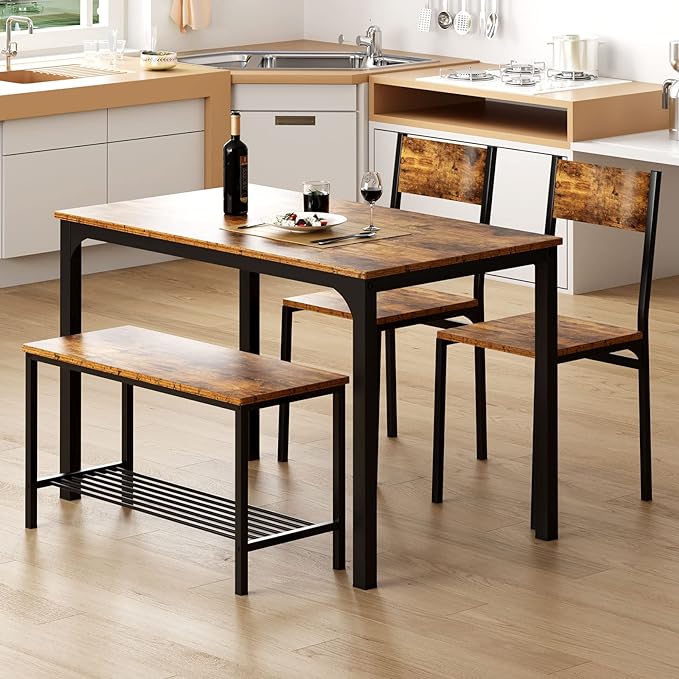 DlandHome Dining Table with 2 Chairs and 1 Bench Dining Room Sets for 4 Soho Dining Table and Chairs Set,Rectangular Space-Saving Dinner Table with Two Benches for Kitchen, Retro - LeafyLoom