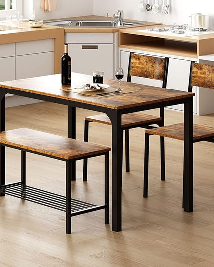 SogesHome 4-Piece Dining Table Set for 4 - Space-Saving Kitchen Set with Bench and Chairs, Ideal for Restaurants and Coffee Shops, Vintage Brown - LeafyLoom