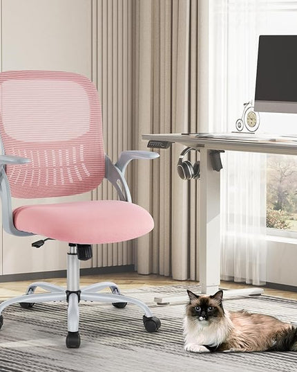 Sweetcrispy Office Computer Desk Chair, Ergonomic Mid-Back Mesh Rolling Work Swivel Task Chairs with Wheels, Comfortable Lumbar Support, Comfy Flip-up Arms for Home, Bedroom, Study, Student, Pink - LeafyLoom