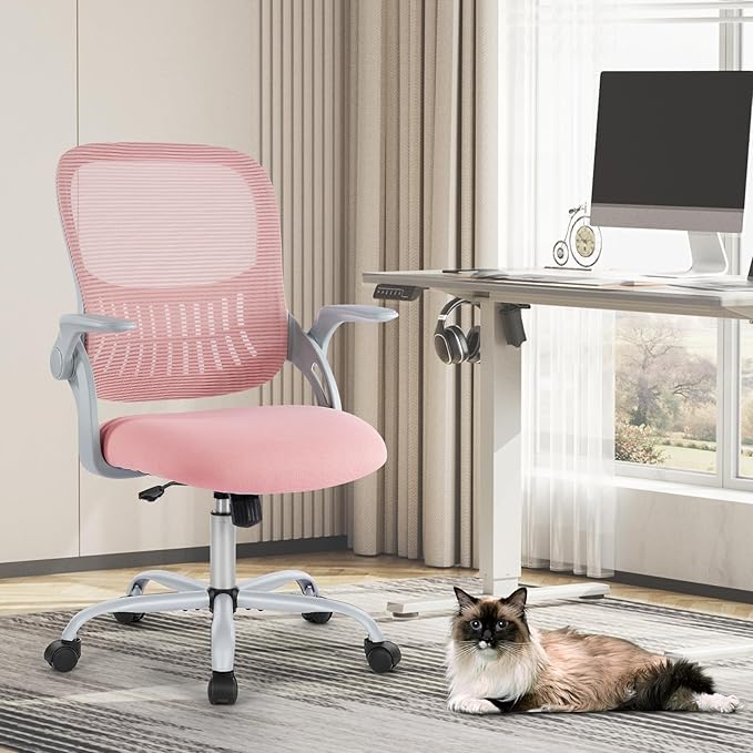 Sweetcrispy Office Computer Desk Chair, Ergonomic Mid-Back Mesh Rolling Work Swivel Task Chairs with Wheels, Comfortable Lumbar Support, Comfy Flip-up Arms for Home, Bedroom, Study, Student, Pink - LeafyLoom