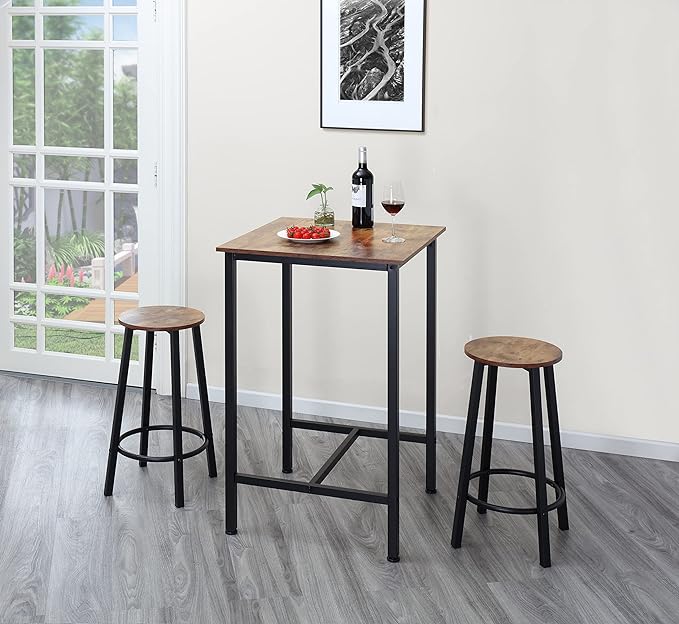 Finnhomy Bar Table Set, 23.6" Pub Table High Top Table, Square Bar Height Table, Bar Table with Stools, Kitchen Table Set for 2, Dining Table Set, Breakfast for Kitchen, Living Room, Rustic Brown - LeafyLoom