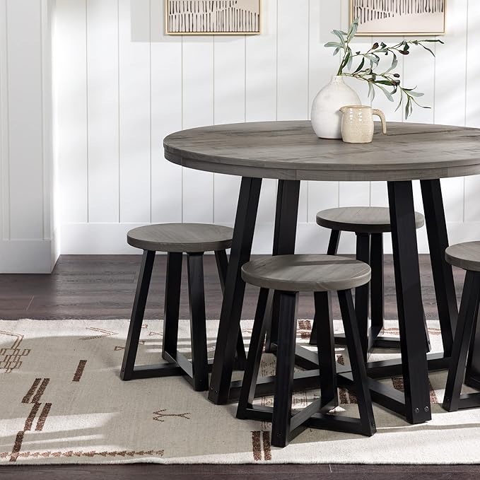 Walker Edison Rustic Solid Wood Distressed Round Kitchen Dining Room Table, 42 Inch, Grey - LeafyLoom