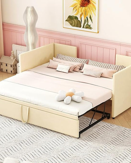 Bellemave Twin Size Upholstered Daybed with Pop up Trundle,Velvet Twin Daybed Frame,Twin to King Daybed,Day bed with Trundle Bed Twin,Tufted Sofa Bed Daybed,Bedroom,Living Room,Guest Room(Beige) - LeafyLoom