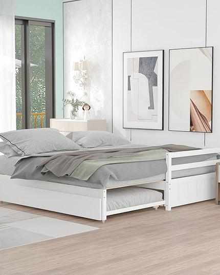 Wooden Extendable Daybed, Twin to King Daybed Frame with Trundle, Extending Sofa Bed for Living Room Bedroom Guest Room, White - LeafyLoom
