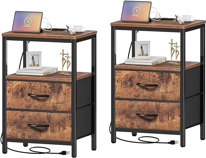 Nightstands Set of 2, End Tables with Charging Station, Side Tables with Fabric Drawers, Bedside Tables with USB Ports and Outlets, Night Stands for Bedroom, Rustic Brown - LeafyLoom