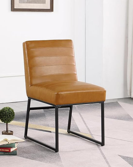 HomePop Home Décor | Single Pack Channeled Metal Dining Chair, Brown Faux Leather - LeafyLoom