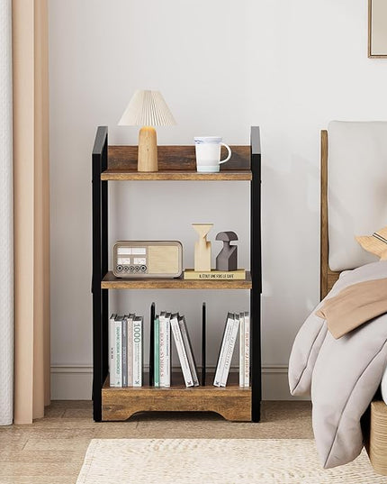 Vagusicc 3 Tier Bookshelf, Small Book Shelf Industrial Bookshelf, Wood Short Book Shelf Office Shelves with Metal Frame, Rustic Open Shelf Storage Organizer Bookcase for Living Room Bedroom, Brown - LeafyLoom