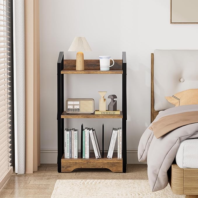 Vagusicc 3 Tier Bookshelf, Small Book Shelf Industrial Bookshelf, Wood Short Book Shelf Office Shelves with Metal Frame, Rustic Open Shelf Storage Organizer Bookcase for Living Room Bedroom, Brown - LeafyLoom
