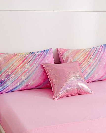 Btargot 6 Pieces Pink Gradient Star Ring Comforter Set for Boys Girls Teens, Twin Size Colorful Glitter Rainbow Star Galaxy Bedding Set - LeafyLoom
