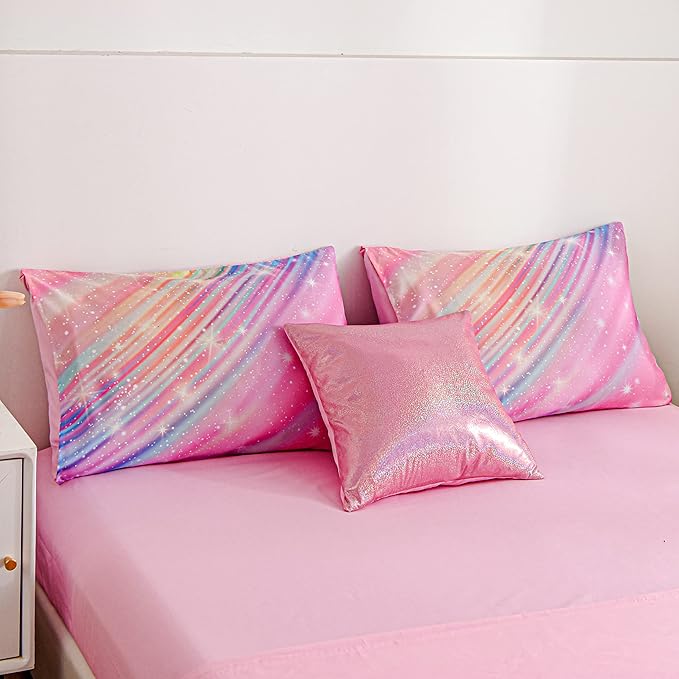 Btargot Super Soft 6 Pieces Gradient Star Ring Comforter Set, Colorful Glitter Rainbow Star Pattern Bedding Set for Boys Girls Teens,Queen Pink - LeafyLoom