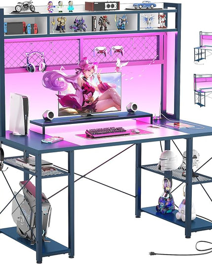 armocity 2024 Upgrade Gaming Desk with Hutch, 48'' Magic Computer Desk with LED Lights and Outlets, Reversible Workstation Desk with Pegboard and Monitor Stand, 48 Gamer Desk PC Table, White and Blue - LeafyLoom